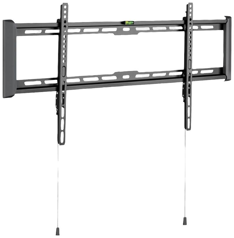 Montagehalterung für einen Fernseher, bestehend aus robustem, schwarzem Metall, mit Wasserwaage zur korrekten Ausrichtung an der Wand.