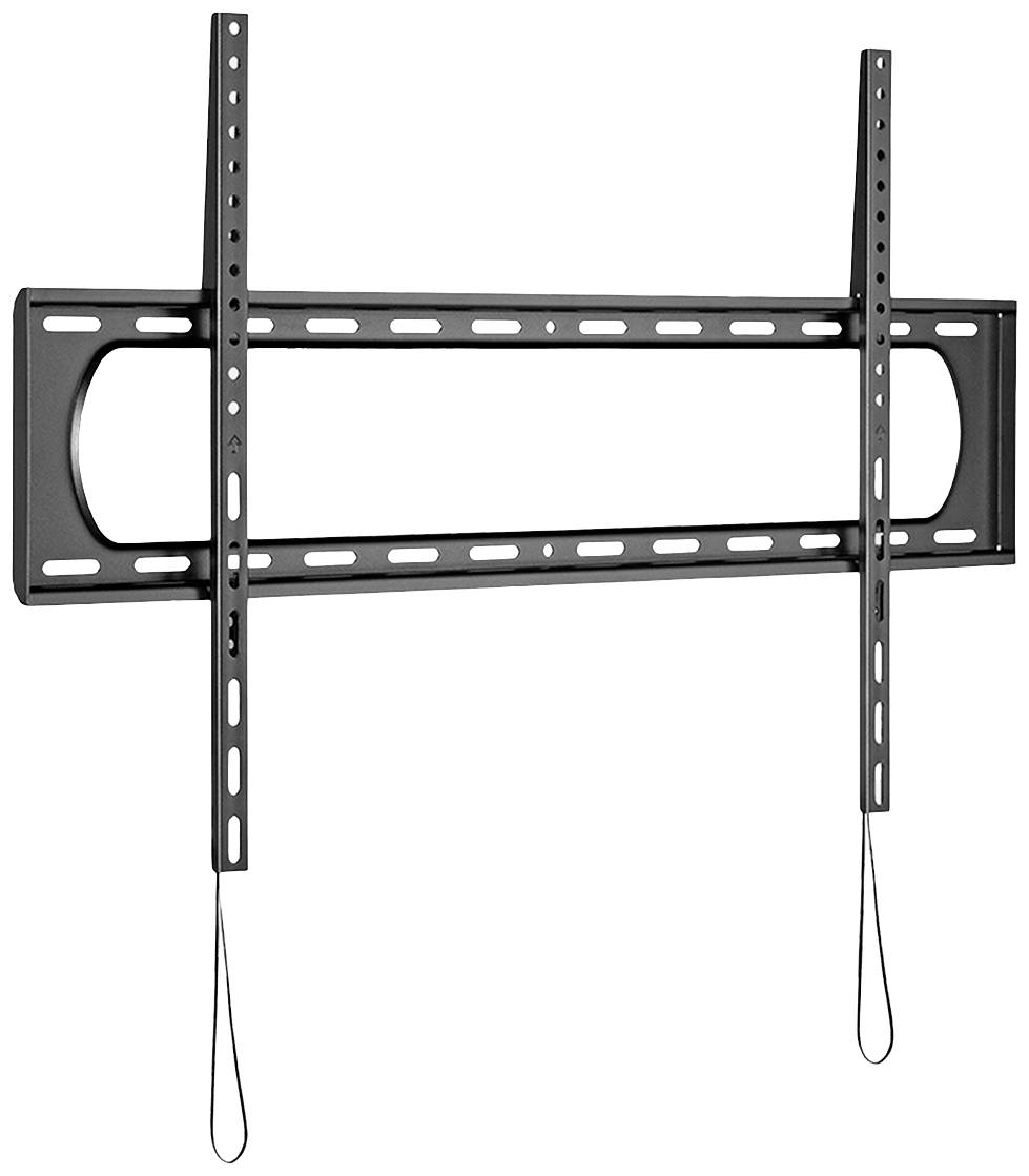 Wandhalterung für einen Fernseher mit variablen Befestigungspunkten und Sicherheitsseilen für stabile Montage.