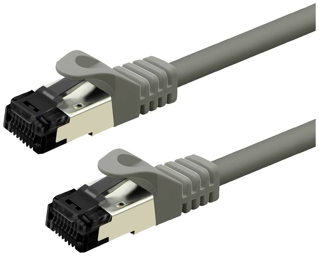 Zwei Netzwerkkabel mit RJ45-Steckern, grau, in einer parallelen Anordnung.