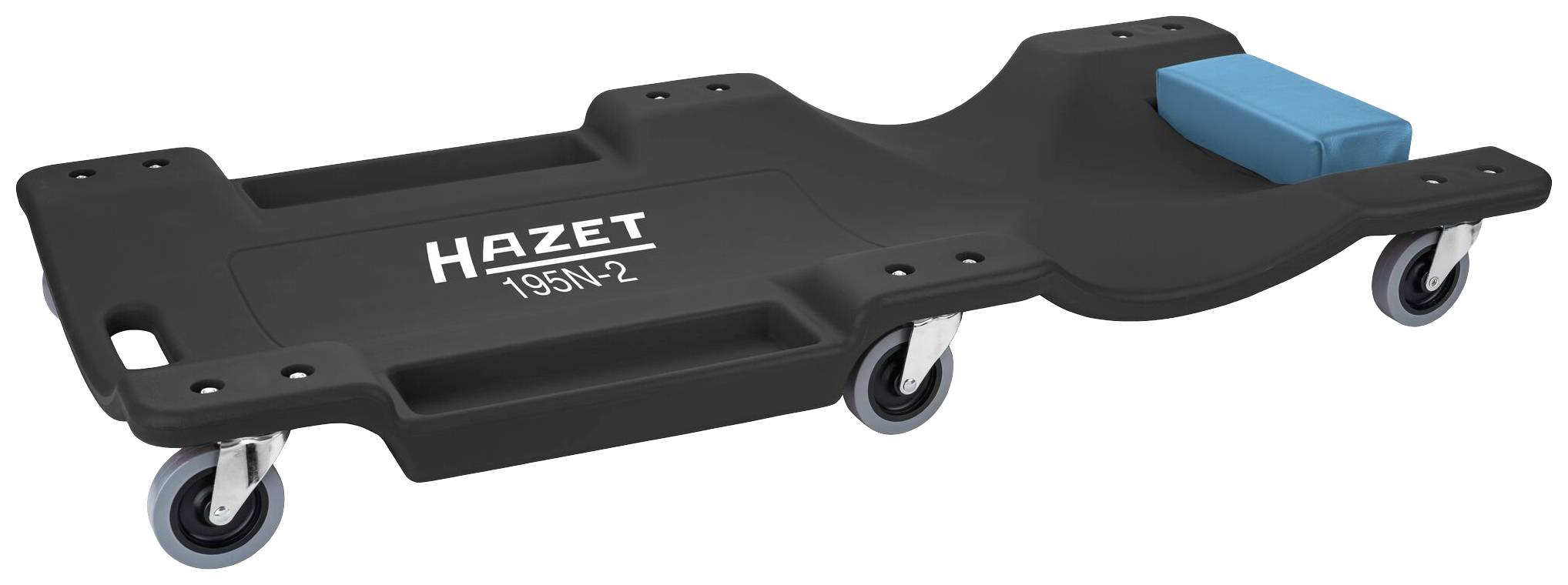 Schwarz-grauer Werkstattliegewagen mit vier Rädern und einer blauen Kopfstütze. Markiert mit 'Hazet 195N-2'.