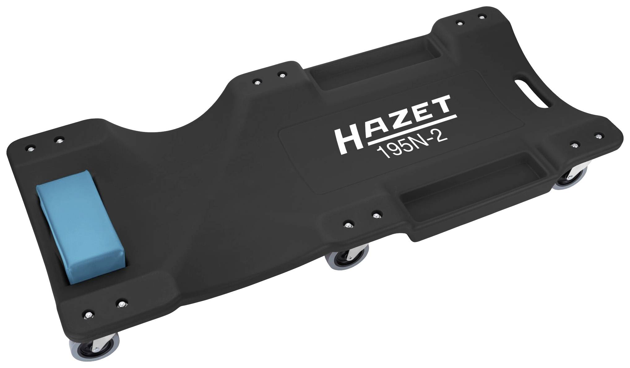 Liegender Werkstattwagen mit schwarzem Kunststoffkörper, sechs Rollen und einer blauen Kopfstütze, der Name 'Hazet 195N-2' ist darauf gedruckt.