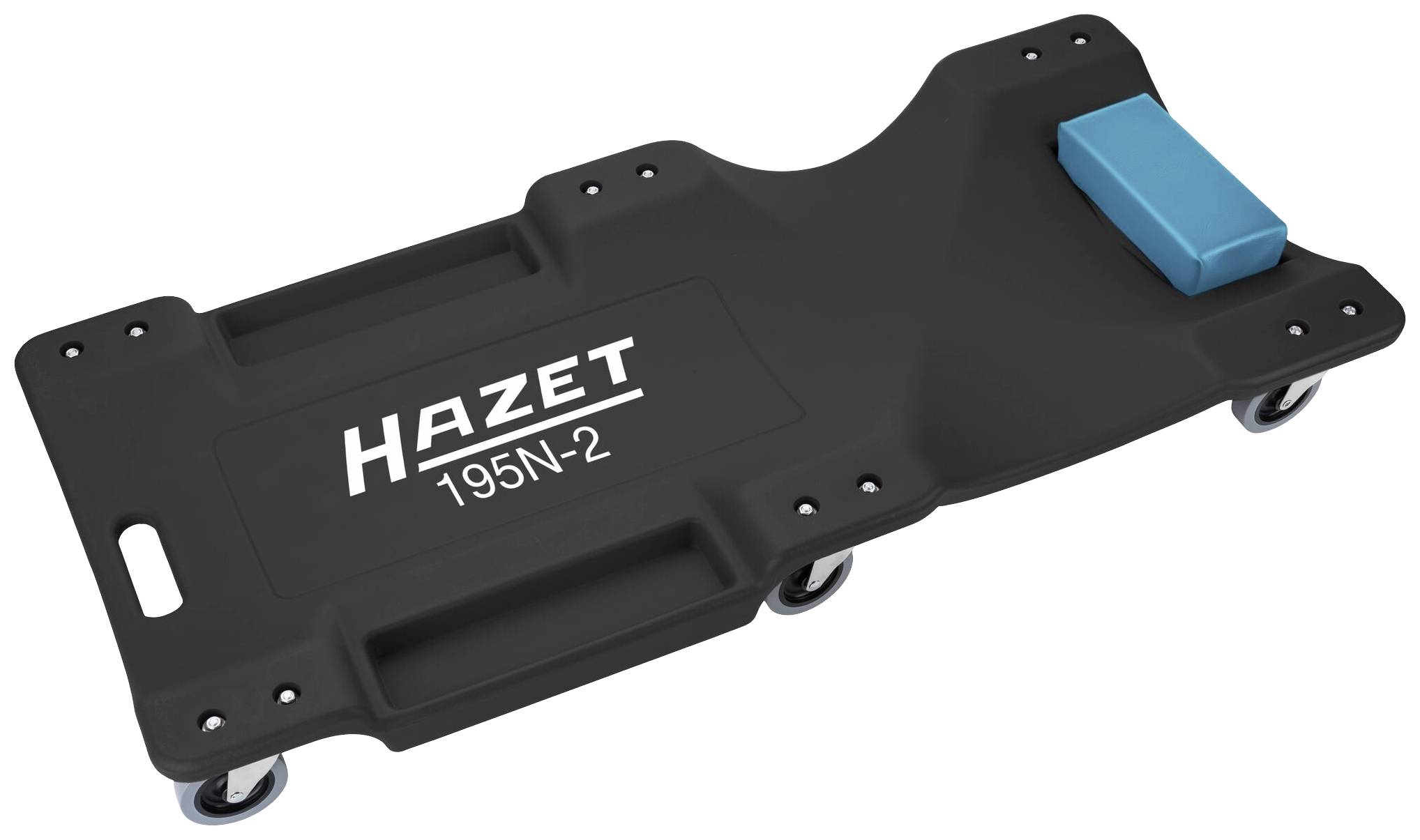 Schwarzes HAZET-Montagebrett mit Rollen, Modell 195N-2, und blauem Kopfkissen für Werkstattarbeiten.