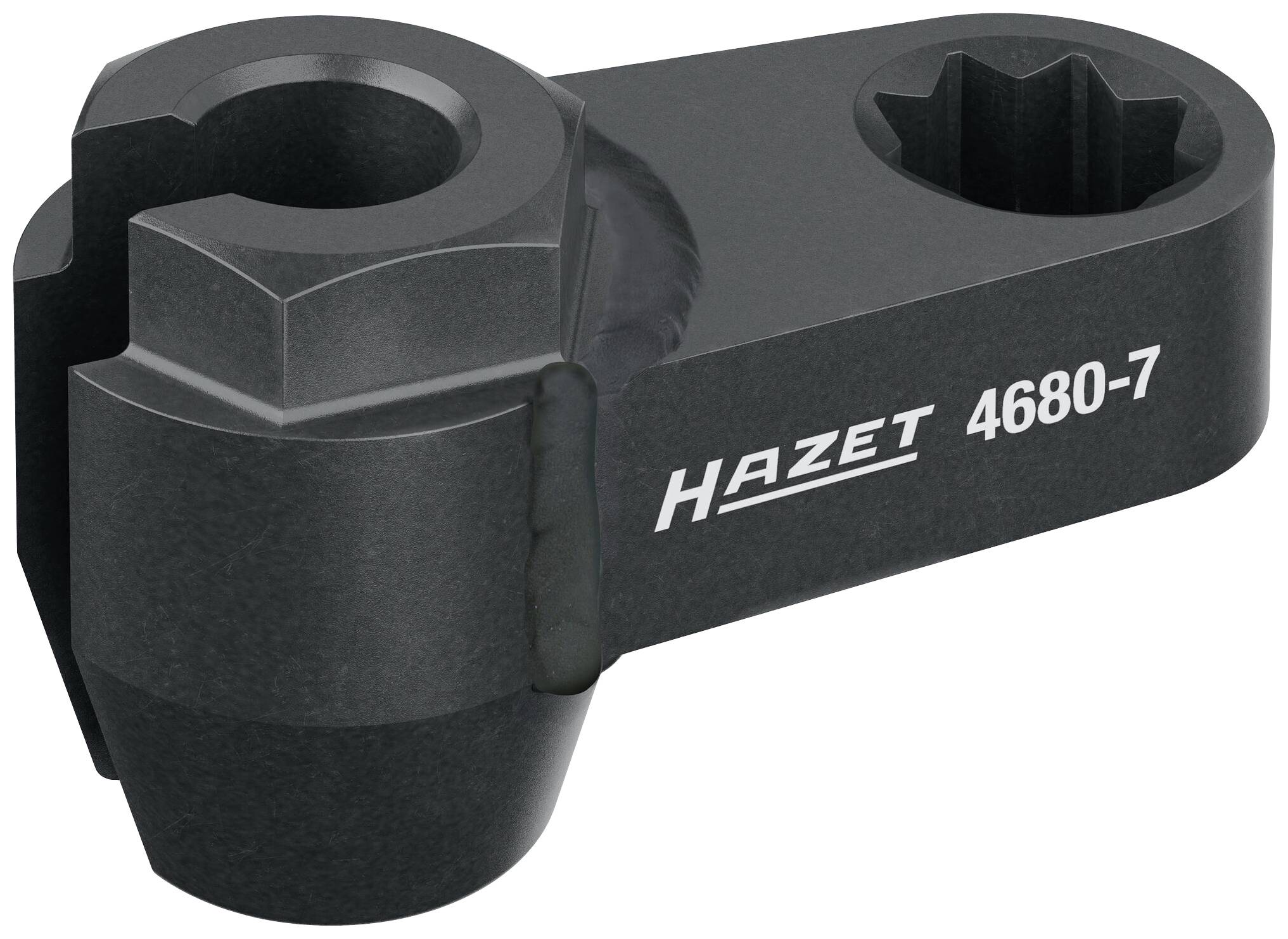 Metallisches Werkzeug mit der Aufschrift 'HAZET 4680-7', bestehend aus einem offenen Ring und einem sternförmigen Einsatz.