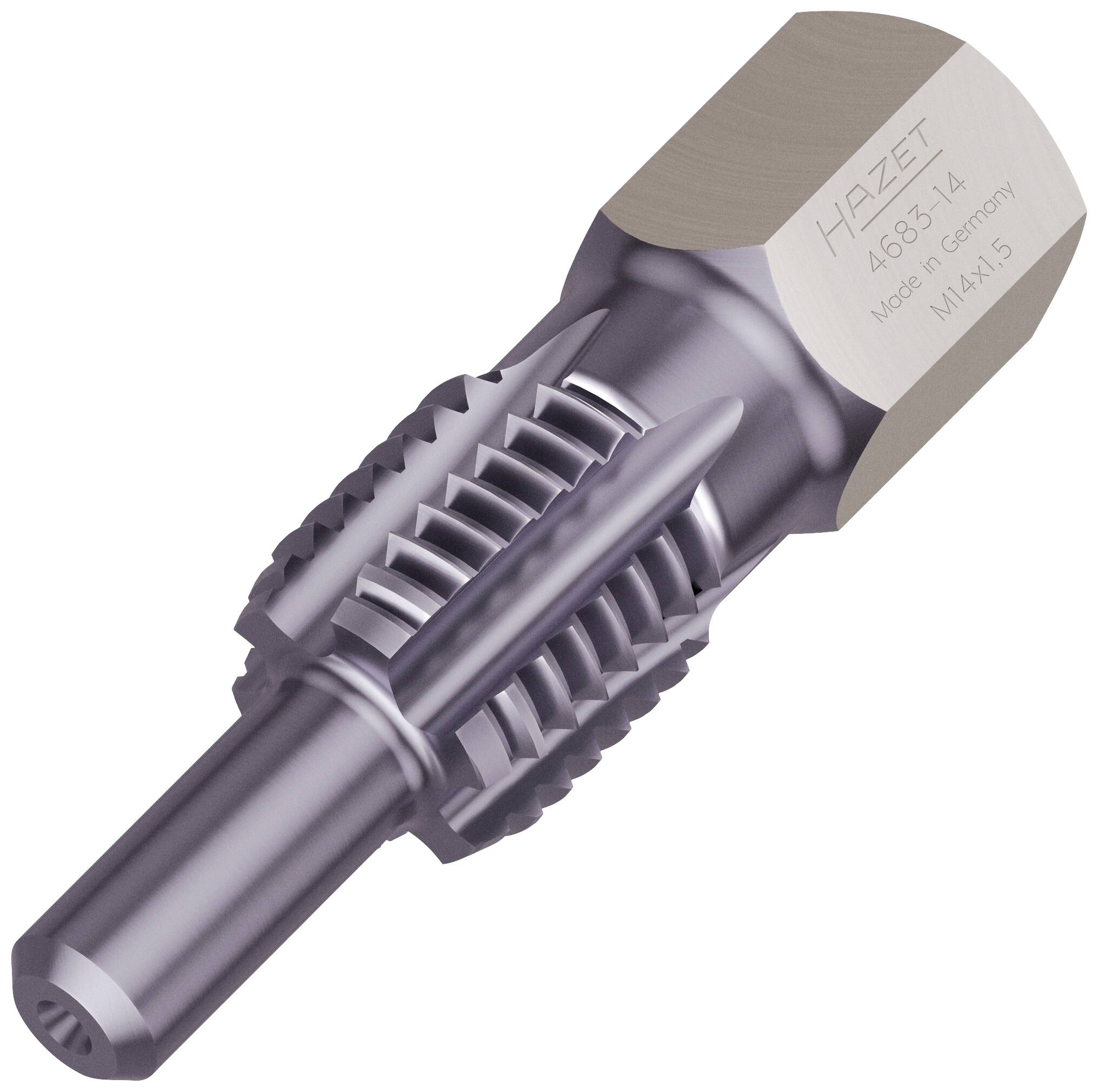 Metallisches Werkzeug mit zylindrischem Schaft und geriffeltem, sechseckigem Griff. Graviert mit 'HAZET 4683-14 Made in Germany'.