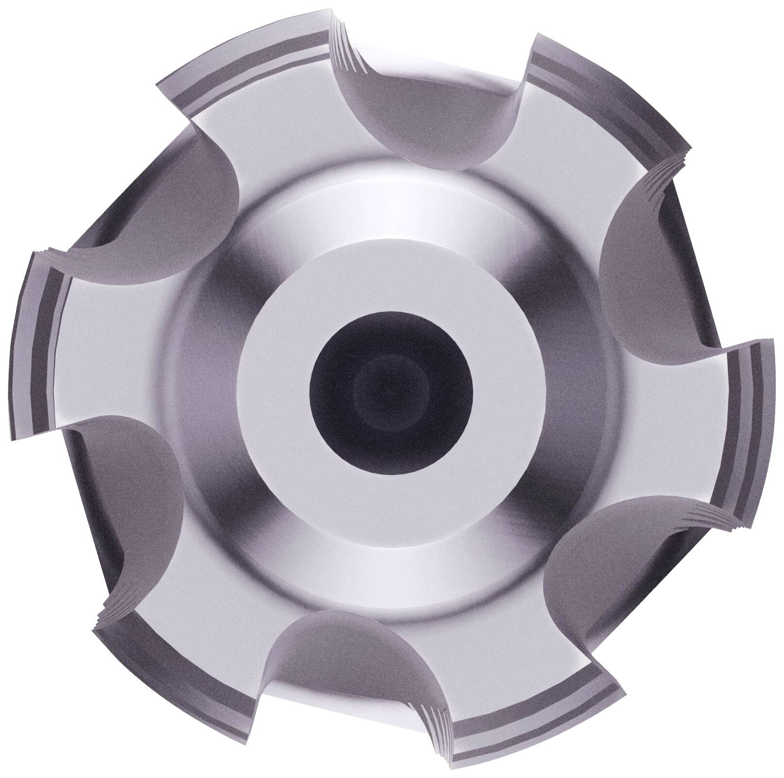 Ein rundes Metallwerkzeug mit sechs gebogenen Schneidkanten, wahrscheinlich ein Fräskopf, in der Mitte glänzend und symmetrisch gestaltet.
