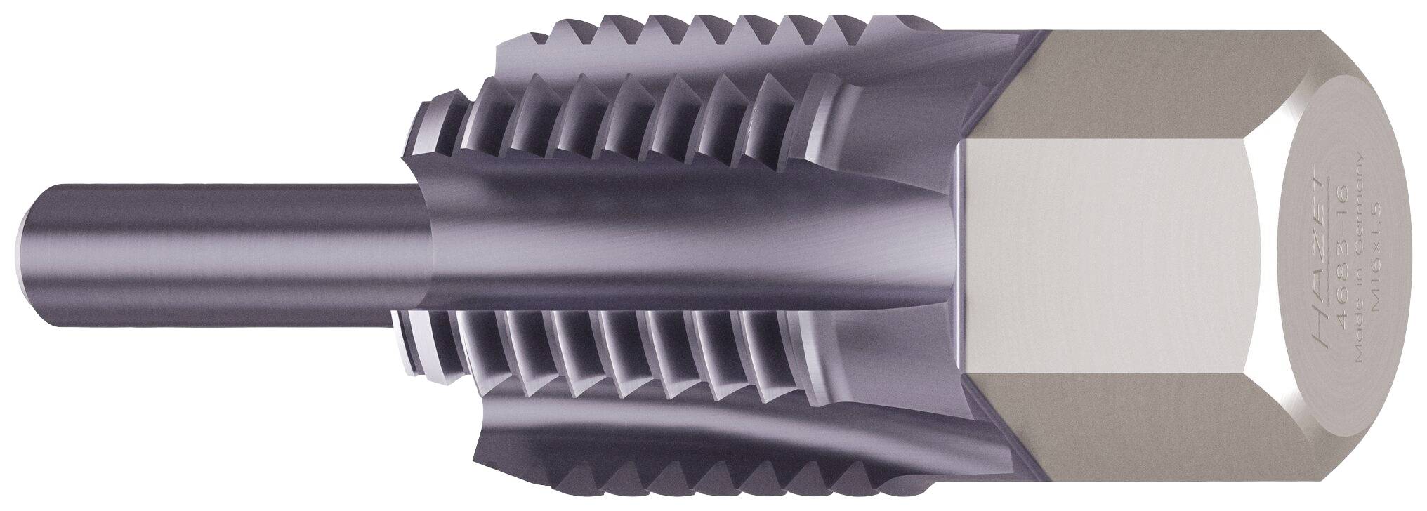 Ein Metallgewindewerkzeug mit zylindrischem Schaft, scharfen Kanten und symmetrischen Rillen zur Herstellung von Gewinden in Materialien.