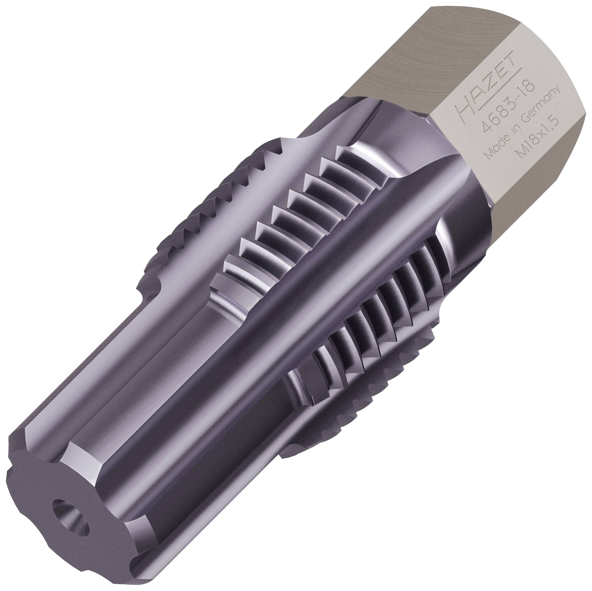Ein Metallwerkzeug mit gravierter Aufschrift 'HAZET 4683-16 Made in Germany M16x1.5', das zur Gewindebearbeitung verwendet wird.