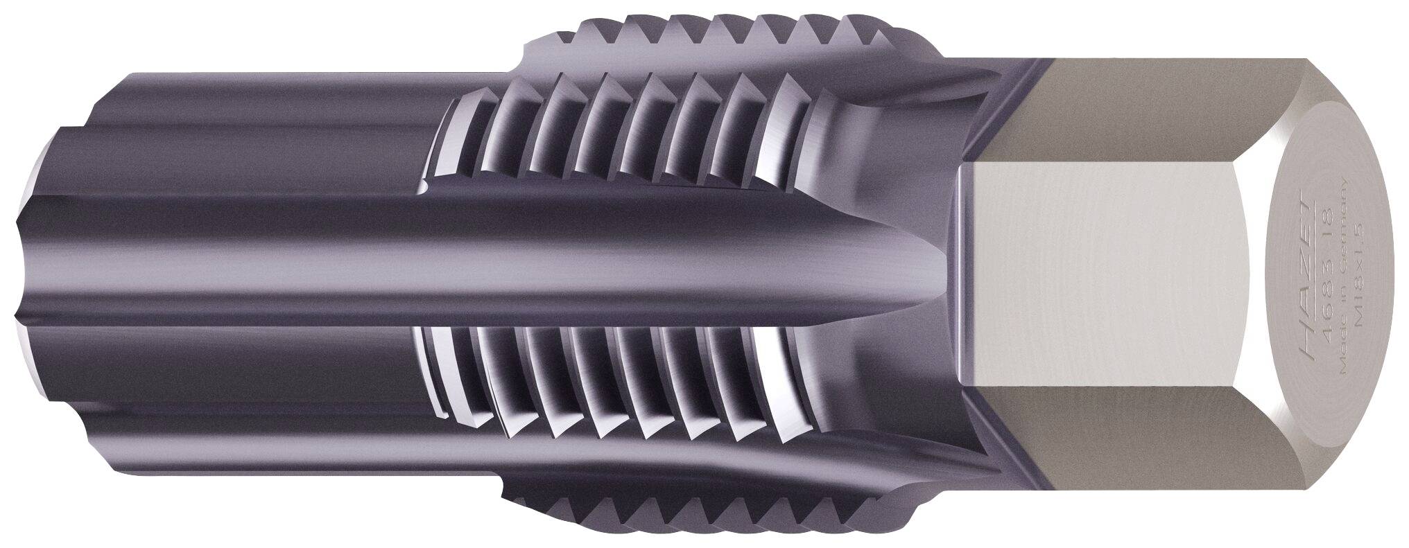 Das Bild zeigt ein metallisches Fräswerkzeug mit präzisen Schneidrillen und einer sechseckigen Basis, das für industrielle Anwendungen verwendet wird.