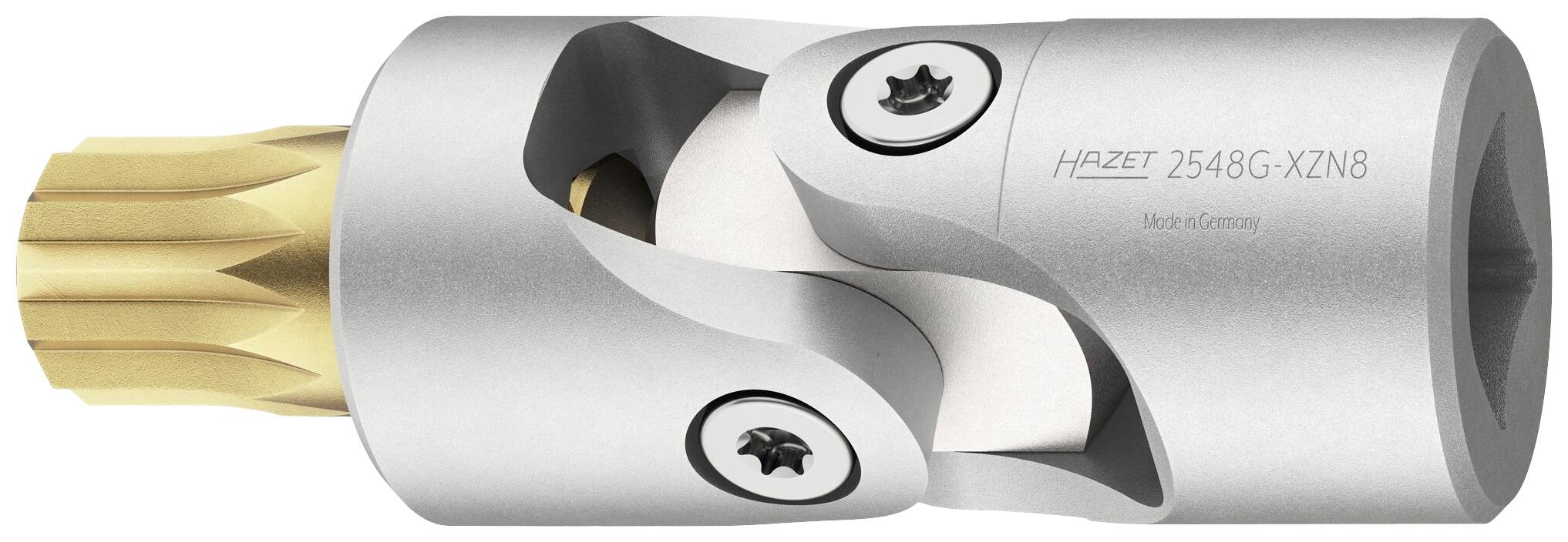 Silberne Werkzeug-Bit mit Gelenkfunktion, zwei Schrauben, und goldener Spitze. Text 'HAZET 2549G-XZN8'.