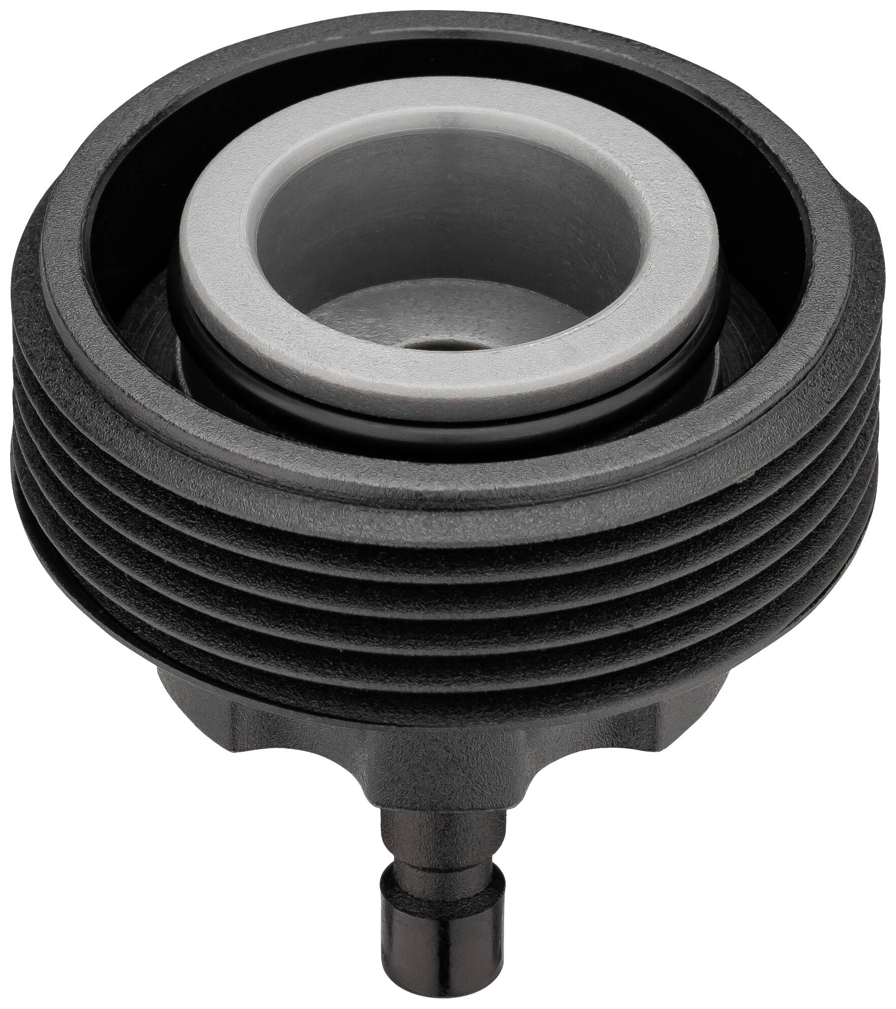 Schwarzer Befüllanschluss mit grauem Innenring für den Anschluss an ein Drucksystem. Eignet sich für industrielle Anwendungen.