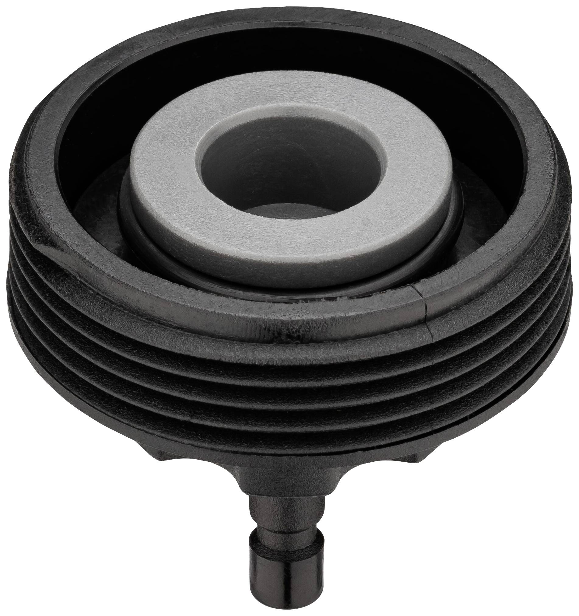 Ein schwarzes Kunststoffteil mit rundem Gehäuse und einer zylindrischen Öffnung in der Mitte, wahrscheinlich Teil eines mechanischen Systems.