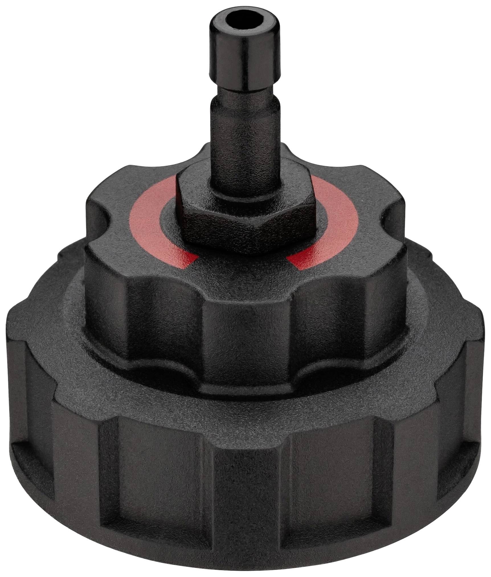 Schwarze Kunststoffkappe mit rotem Ring, passend für Behälter oder Tanks. Sie besitzt eine mittige Anschlussöffnung zur Befestigung.