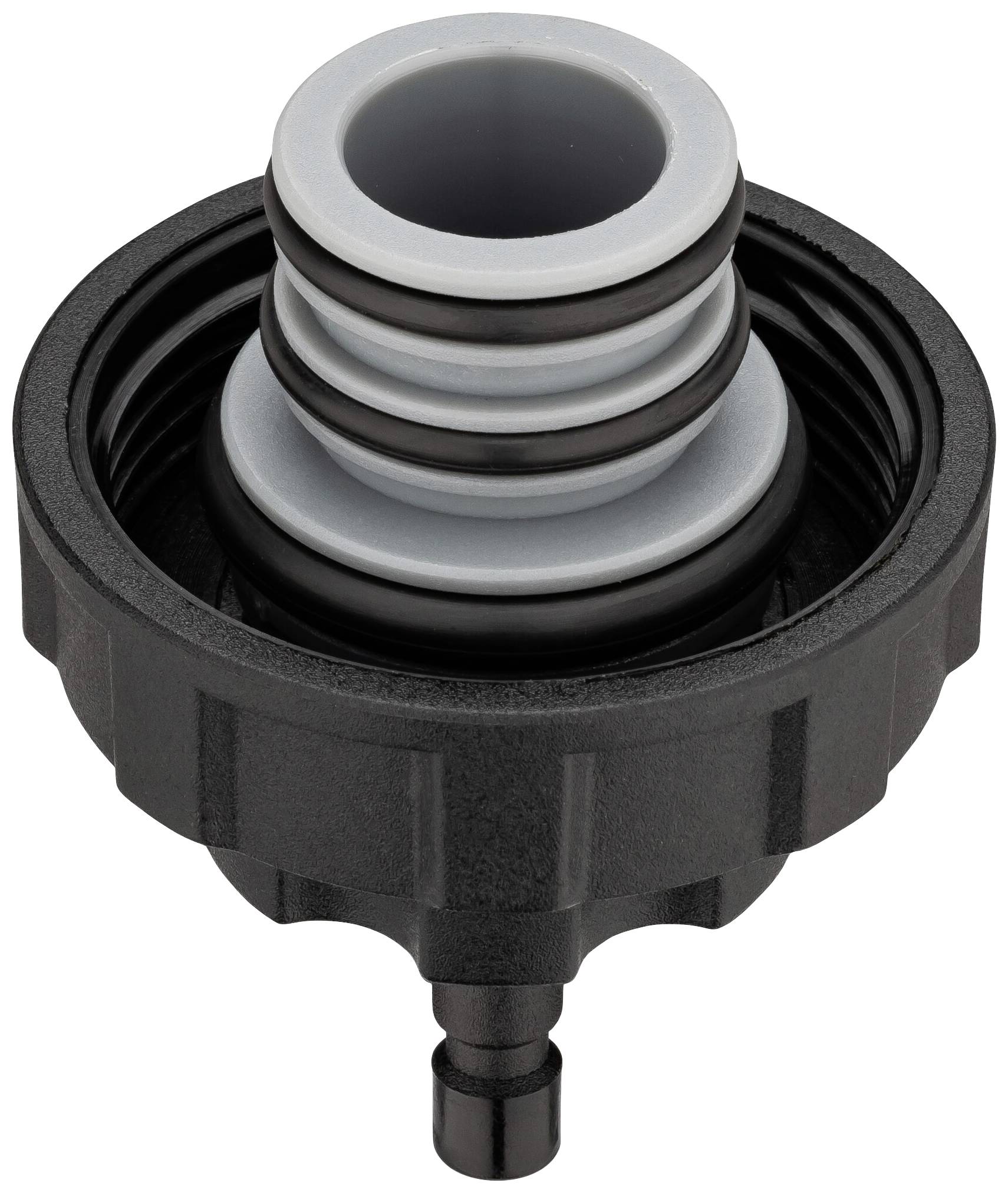 Schwarzer und grauer Kunststoffadapter mit mehreren Ringen und Gewinde, möglicherweise für Schlauchanschluss oder Wassersystem.