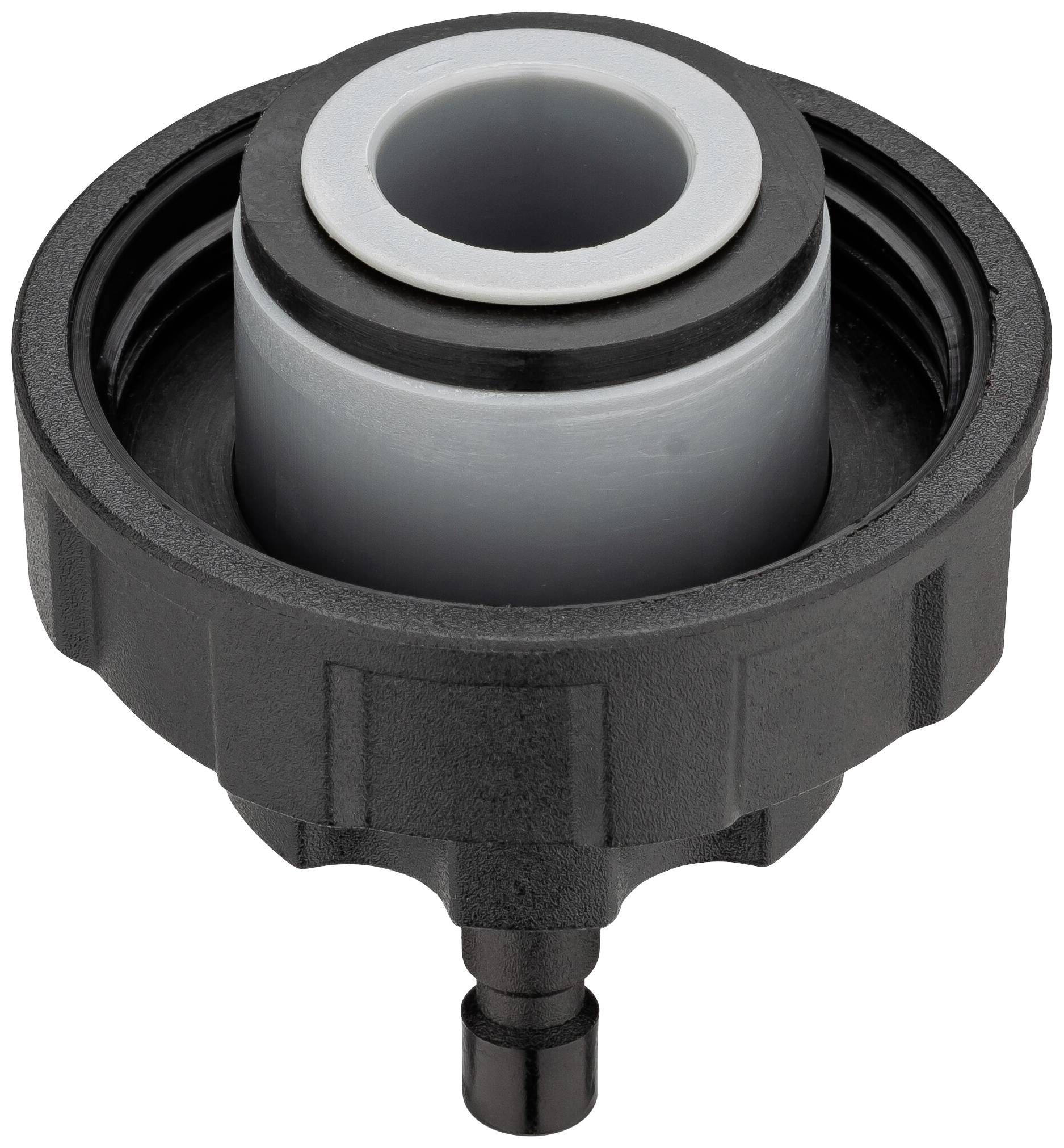 Kunststoffadapter für IBC-Tanks mit integriertem Schlauchanschluss.