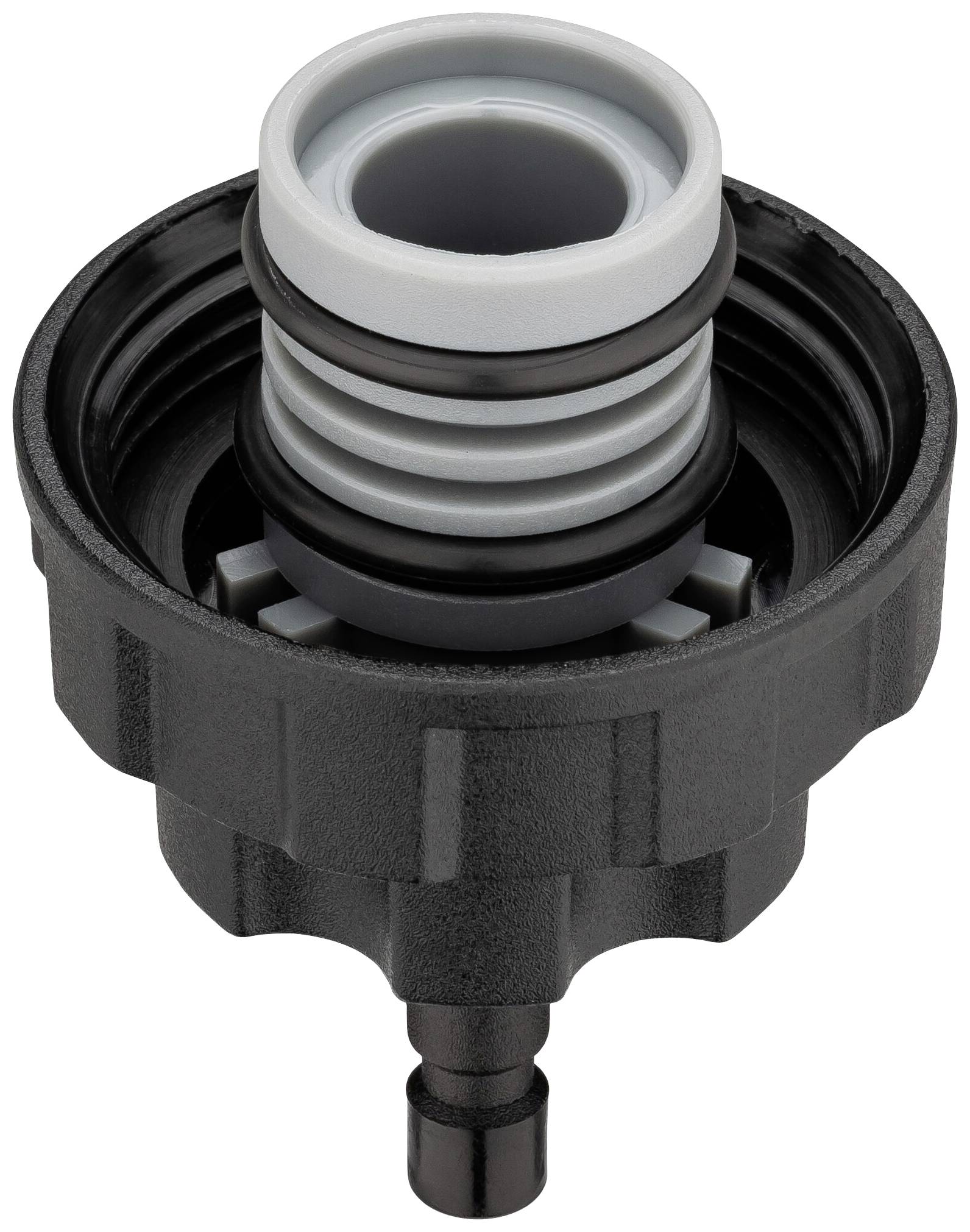 Ein schwarzer Plastikanschluss mit mehreren Ringen und einer Verbindungsöffnung, möglicherweise ein Teil für Gartenschläuche oder Bewässerungssysteme.