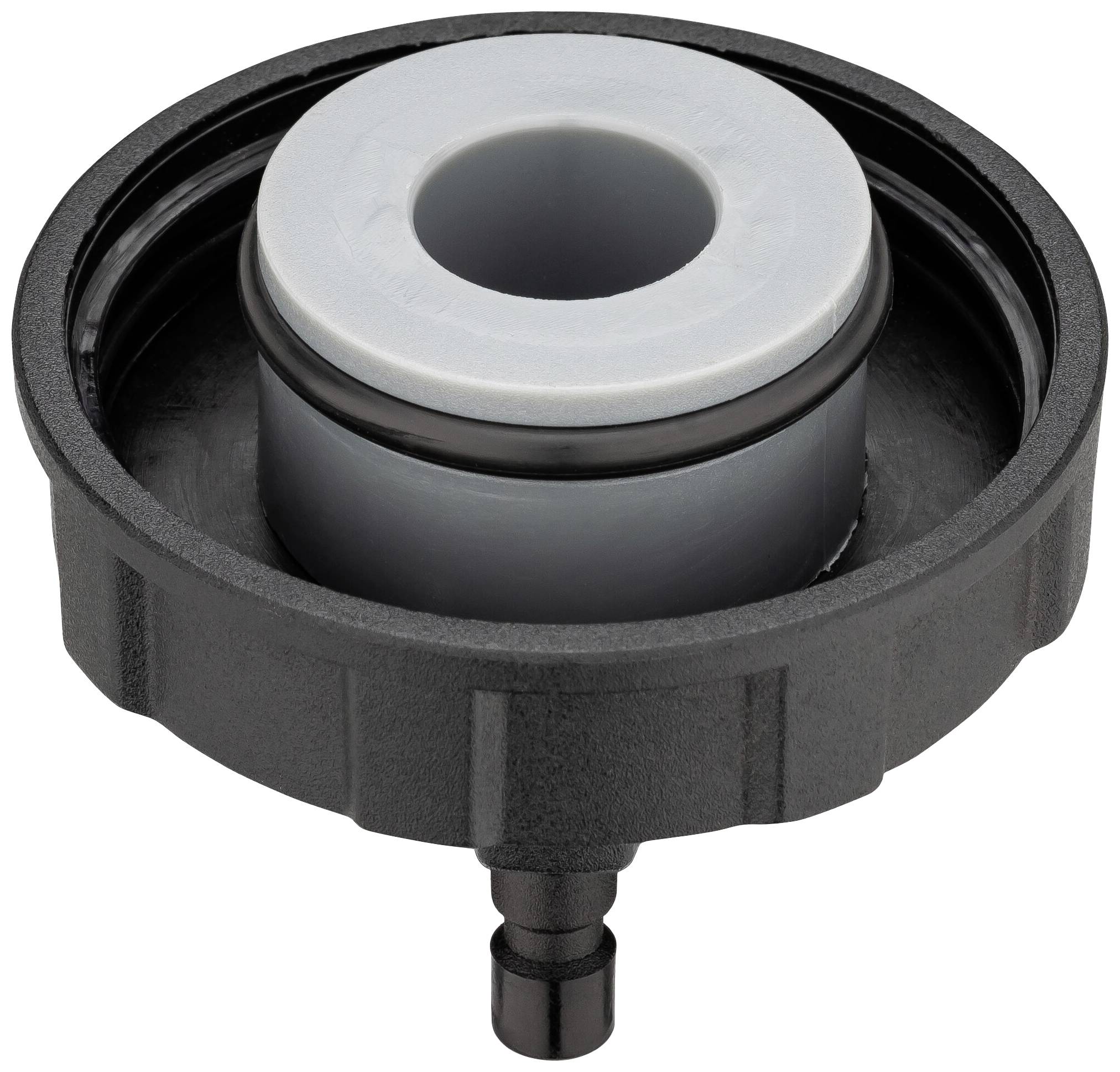 Nahaufnahme eines schwarzen, zylindrischen Industrieventils mit grauer Dichtung. Verwendet in Flüssigkeitssystemen zur Kontrolle des Flusses.