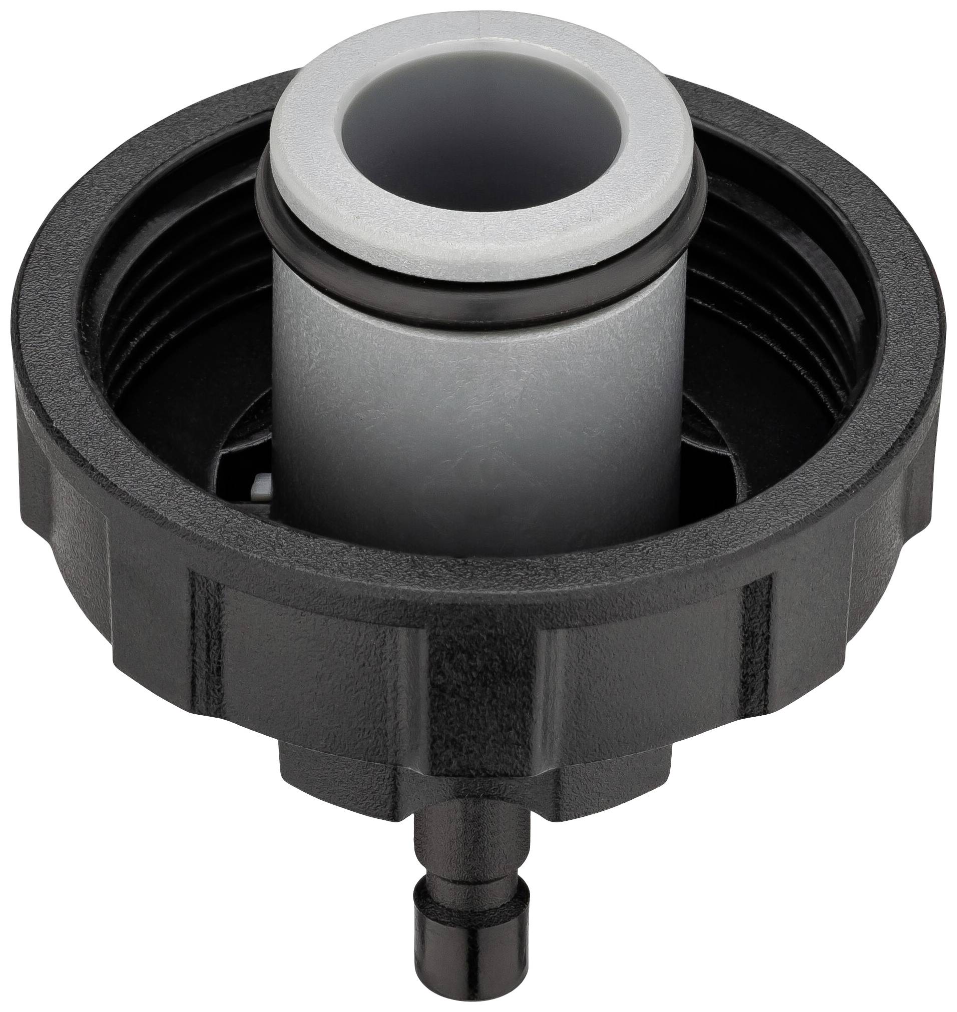 Ein schwarzer Kunststoffanschluss mit kurzem Rohr in der Mitte, wahrscheinlich für Bewässerung oder Flüssigkeitsübertragung.