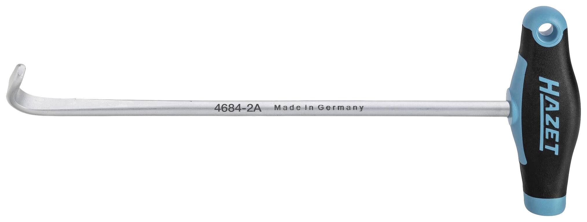 Ein T-Griff-Hakenwerkzeug von Hazet, Modell 4684-2A, hergestellt in Deutschland, mit ergonomischem Griff und blau-schwarzem Design.