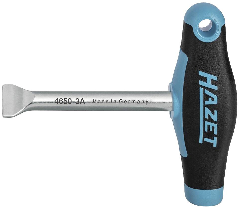 Ein T-Griff Schraubenschlüssel der Marke HAZET, Modell 4650-3A, hergestellt in Deutschland, mit einer flachen, breiten Klinge.