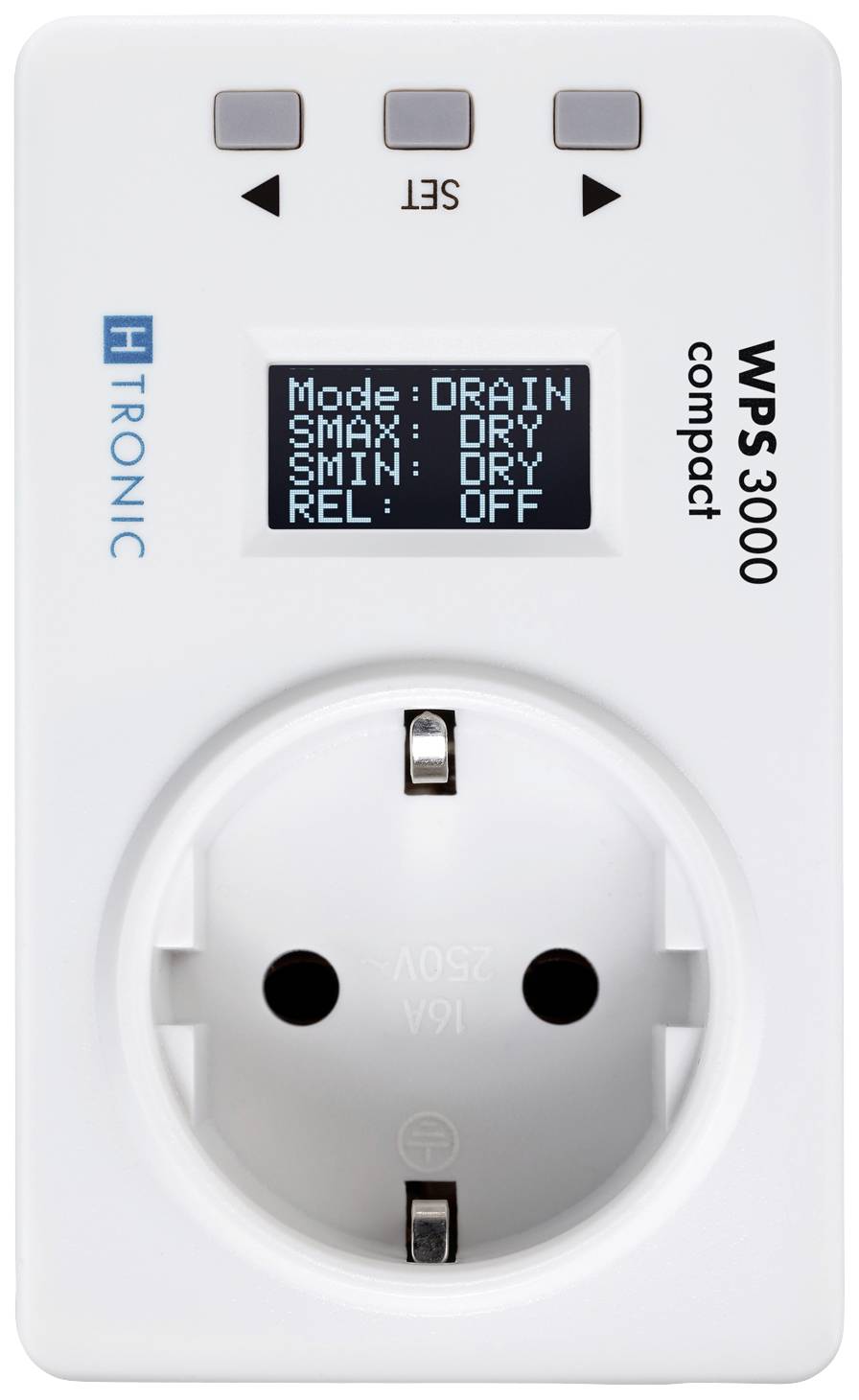 Weiße Steckdose mit digitalem Display. Display zeigt Modi und Einstellungen: 'Mode: DRAIN, SMAX: DRY, SMIN: DRY, REL: OFF'.