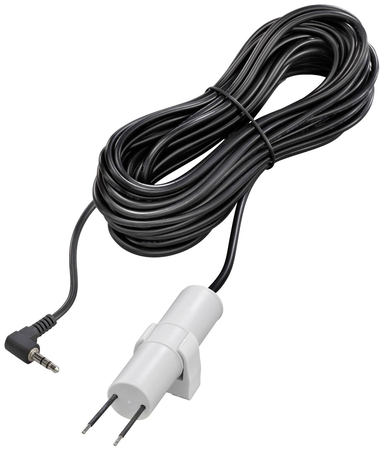 Langes schwarzes Kabel mit 3,5-mm-Klinkenstecker und einem zylindrischen weißen Sensor am anderen Ende, wahrscheinlich für elektronische Messungen.