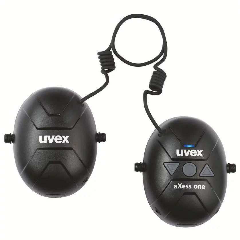 Zwei schwarze uvex aXess one Geräte mit Kabelverbindung, zur Kommunikation in lauten Umgebungen.