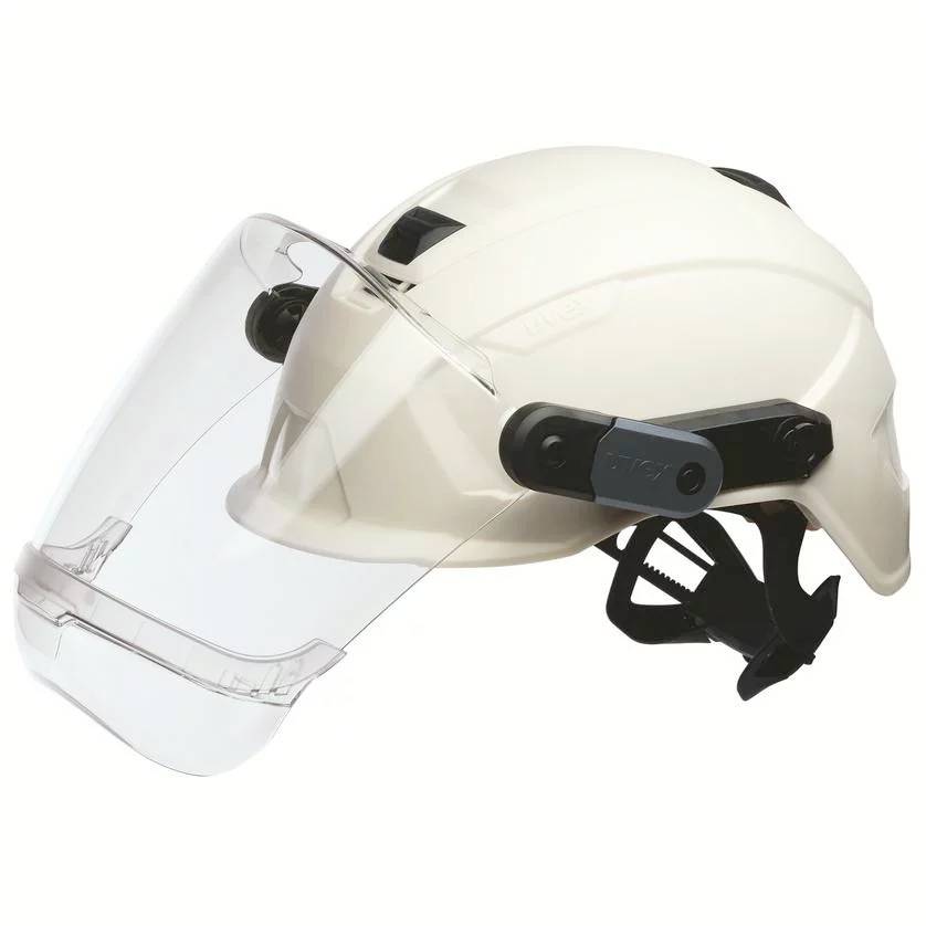 Schutzhelm mit Visier und Kinnriemen, geeignet für Bauarbeiten oder Schutz in industriellen Umgebungen.