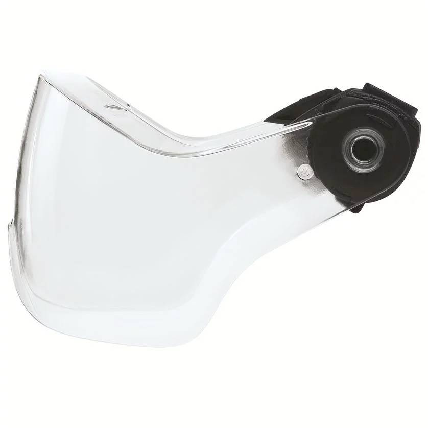 Ein transparenter Gesichtsschutz mit schwarzem Halter, zum Schutz des Gesichts bei Arbeit oder Sport, auf weißem Hintergrund.