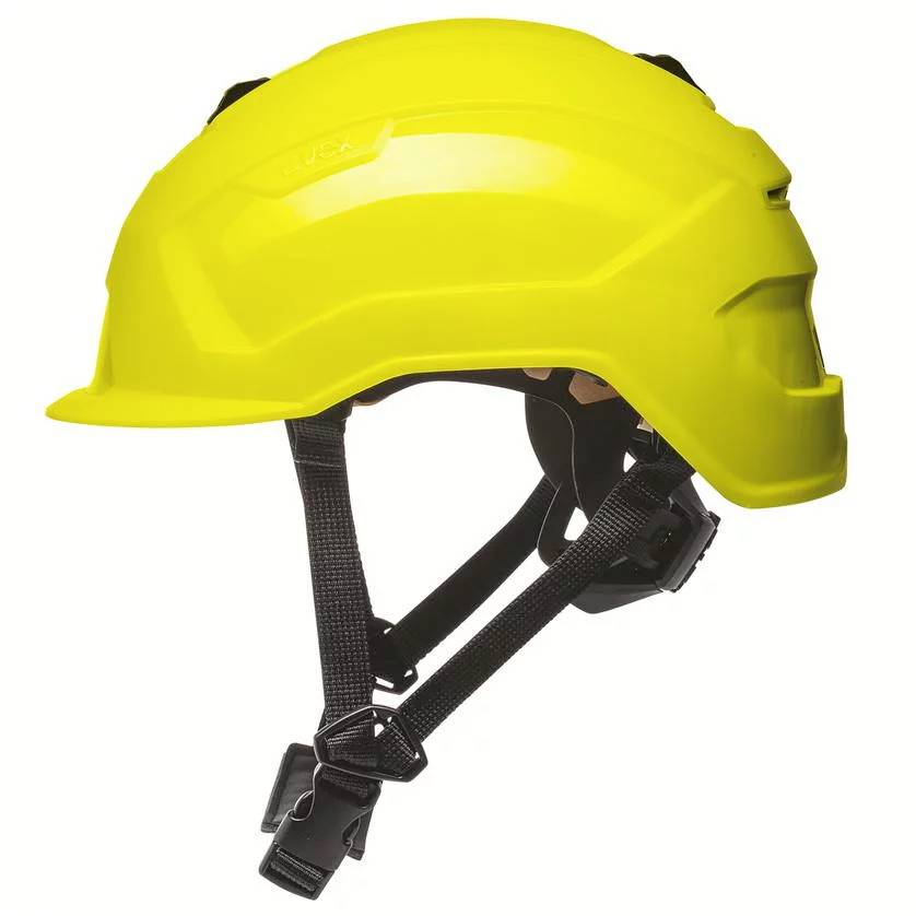 Gelber Schutzhelm mit Kinnriemen, seitlich gezeigt. Geeignet für Sicherheitsanwendungen in der Bau- oder Industriebranche.