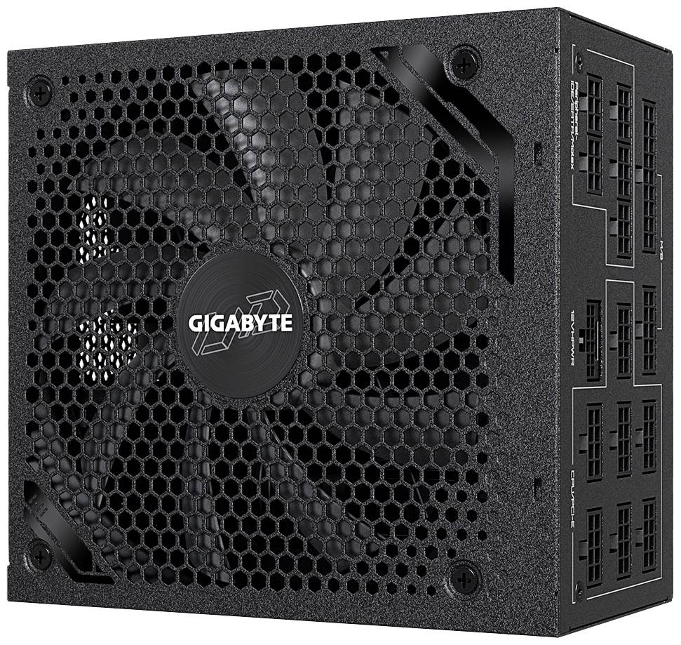 Schwarzes Gigabyte-Netzteil mit Lüfter und mehreren Anschlusssteckplätzen, geeignet für Desktop-Computerbau.
