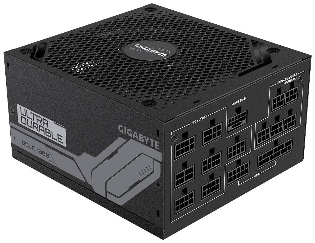 'ATX-Netzteil von Gigabyte mit modularen Anschlüssen, schwarzes Design, Logo 