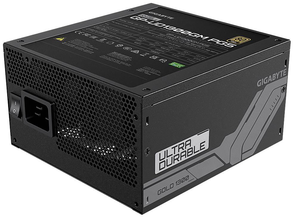 Ein schwarzes PC-Netzteil mit der Aufschrift 'Ultra Durable Gold 1300' von Gigabyte. Es zeigt Lüftungsschlitze und ein Netzkabelanschluss.