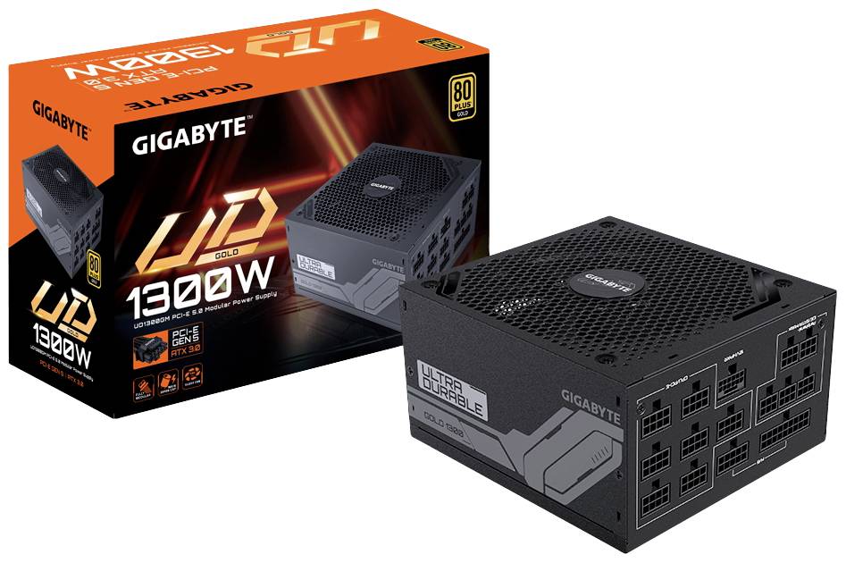 'Gigabyte UD 1300W Gold' Netzteil und Verpackung, mit markierten Eigenschaften: 80 Plus Gold-Zertifizierung und wichtige Anschlüsse.
