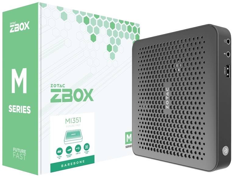Kompakter Mini-PC 'ZOTAC ZBOX MI351' neben seiner Verpackung. Die Box zeigt das Design und markante Merkmale des Produkts.