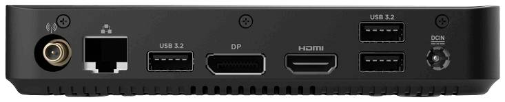 Rückansicht eines Geräts mit Anschlüssen: Antennenanschluss, Ethernet-Port, zwei USB 3.2, DisplayPort, HDMI, zwei weitere USB 3.2, Stromanschluss.