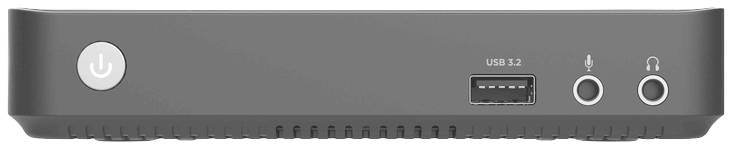 Grauer Mini-PC mit Ein/Aus-Knopf, USB 3.2-Anschluss, Mikrofon- und Kopfhörerbuchse. Frontalansicht, minimalistische Gestaltung.