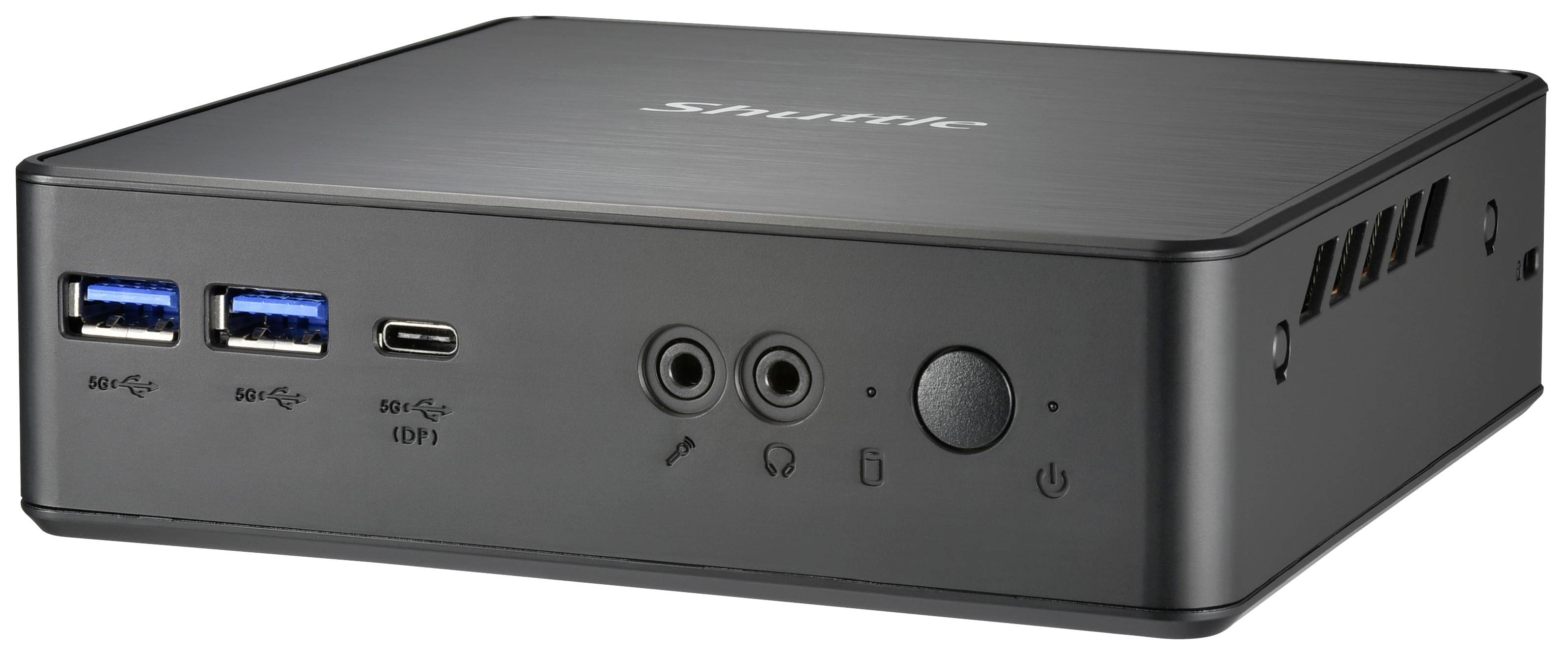 Schwarzer Mini-PC mit Anschlüssen für USB, Audio und Strom. Kleines, kompaktes Design, geeignet für platzsparende Anwendungen.