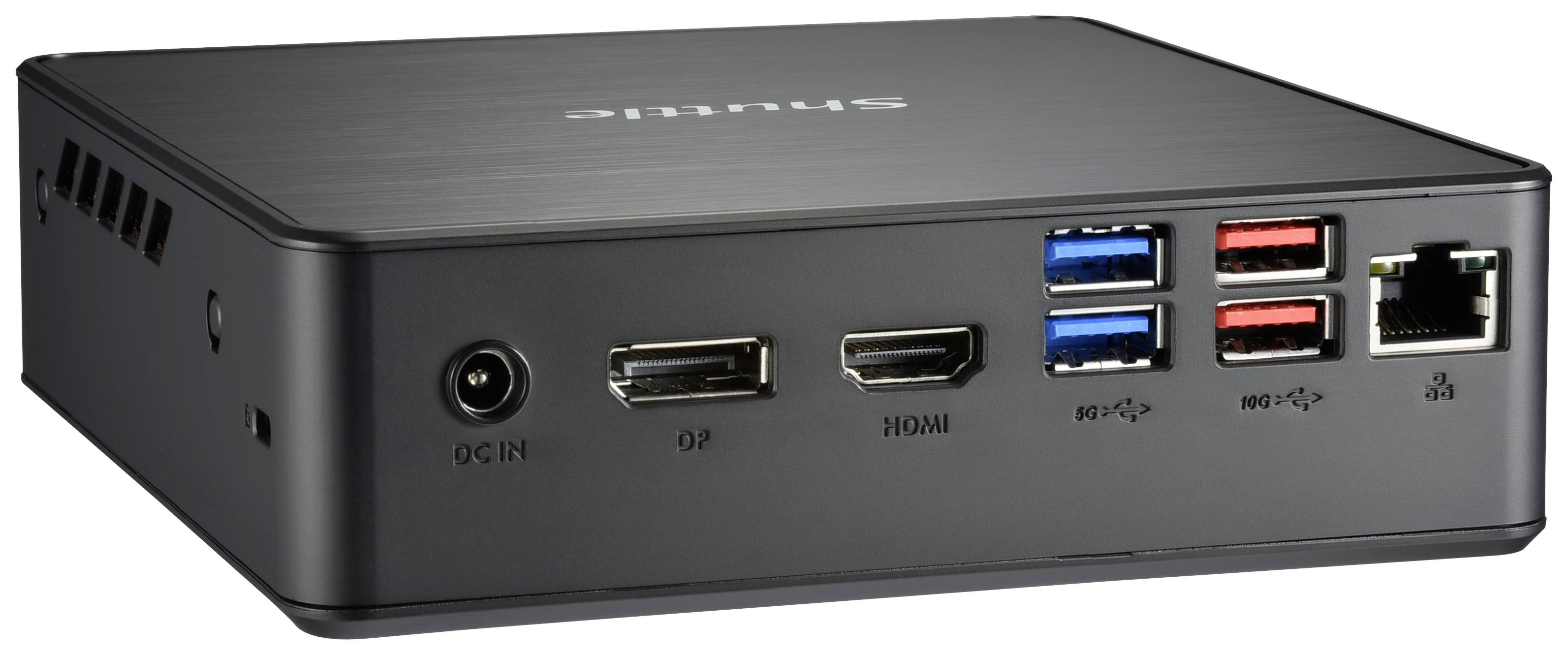 Ein schwarzer Mini-PC mit mehreren Anschlüssen: DC-In, DisplayPort, HDMI, USB-Anschlüsse und Ethernet. Geeignet für platzsparende Computerlösungen.