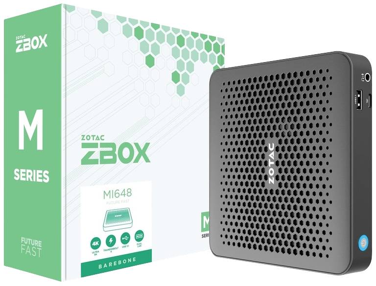 Eine ZOTAC ZBOX M Series MI648 Barebone-Box neben der Originalverpackung gezeigt. Die Box hat ein perforiertes Frontdesign.