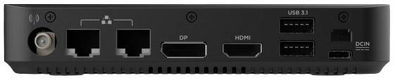 Rückseite eines elektronischen Geräts mit Anschlüssen: zwei Ethernet-Ports, DP, HDMI, zwei USB 3.1-Anschlüsse und ein DCIN-Anschluss.