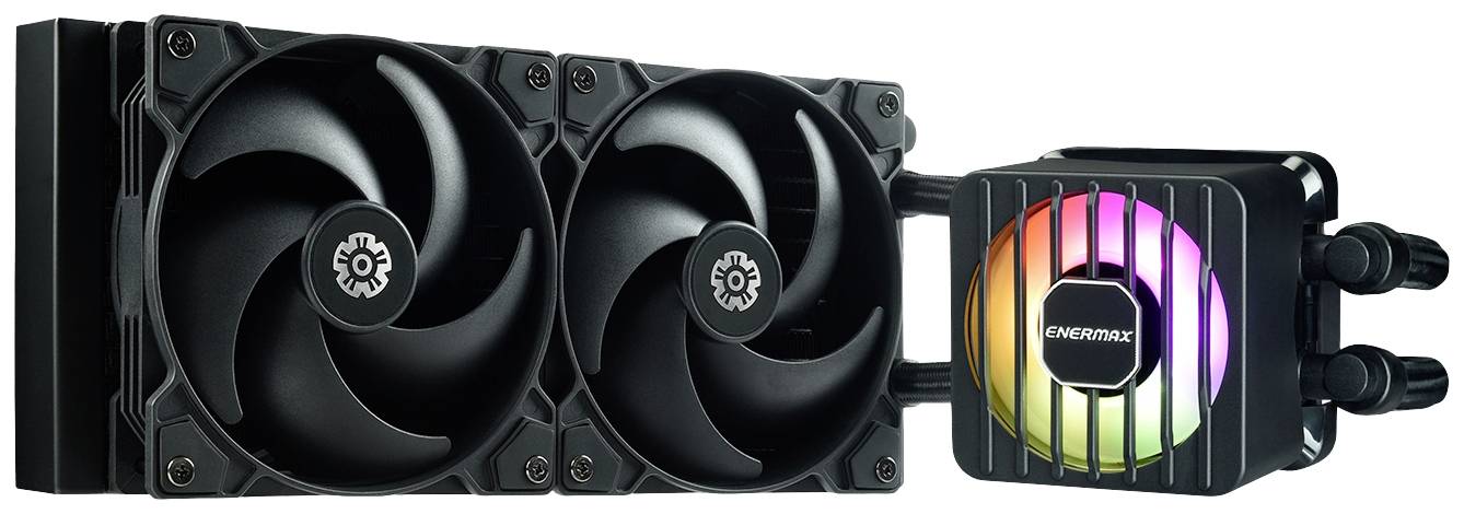 Zwei große schwarze Lüfter links und eine RGB-beleuchtete Pumpe rechts bilden eine leistungsstarke PC-Flüssigkühlung.