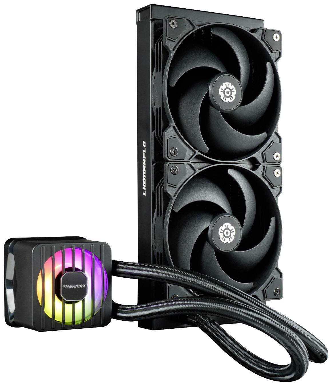 Flüssigkeitskühler mit zwei Lüftern und beleuchteter CPU-Wasserblock, geeignet für leistungsstarke PC-Kühlung bei Gaming-Setups.
