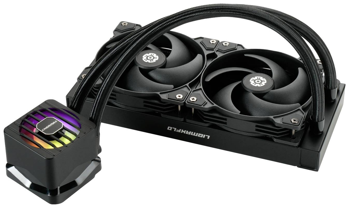 Flüssigkeitskühlungssystem für Computer mit zwei Lüftern und einer Pumpe, Lichter in Regenbogenfarben. Geeignet für Gaming-PCs.