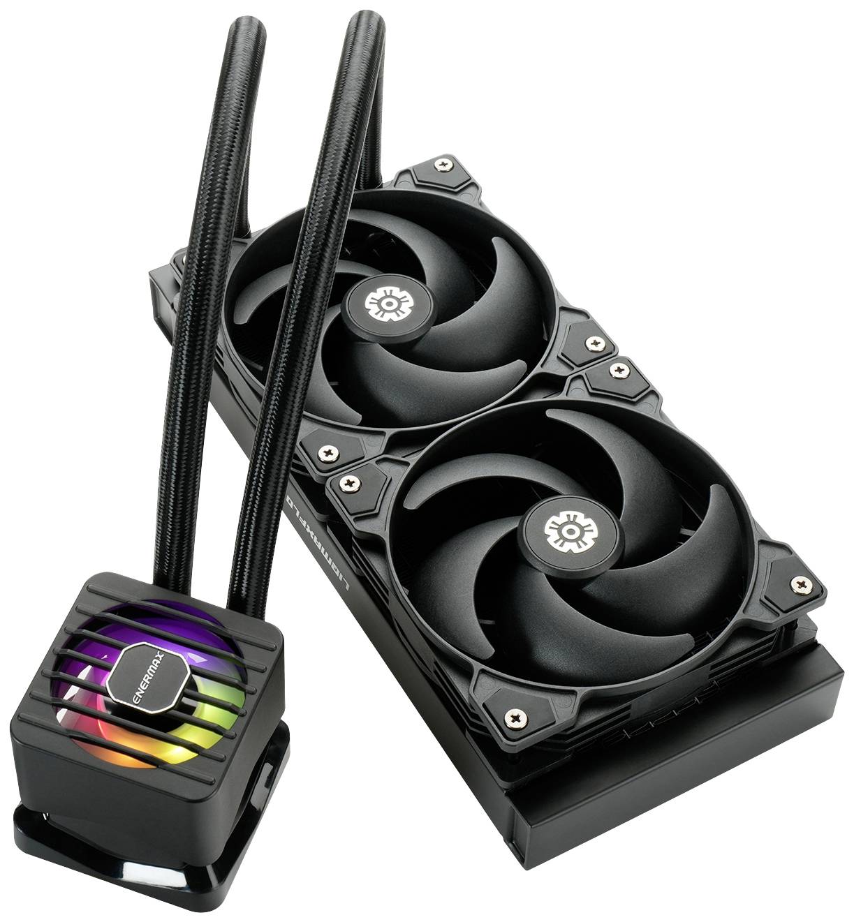 Wasserkühlungssystem mit zwei Lüftern und RGB-beleuchtetem Pumpenkopf, konzipiert für die Kühlung von Computerprozessoren.