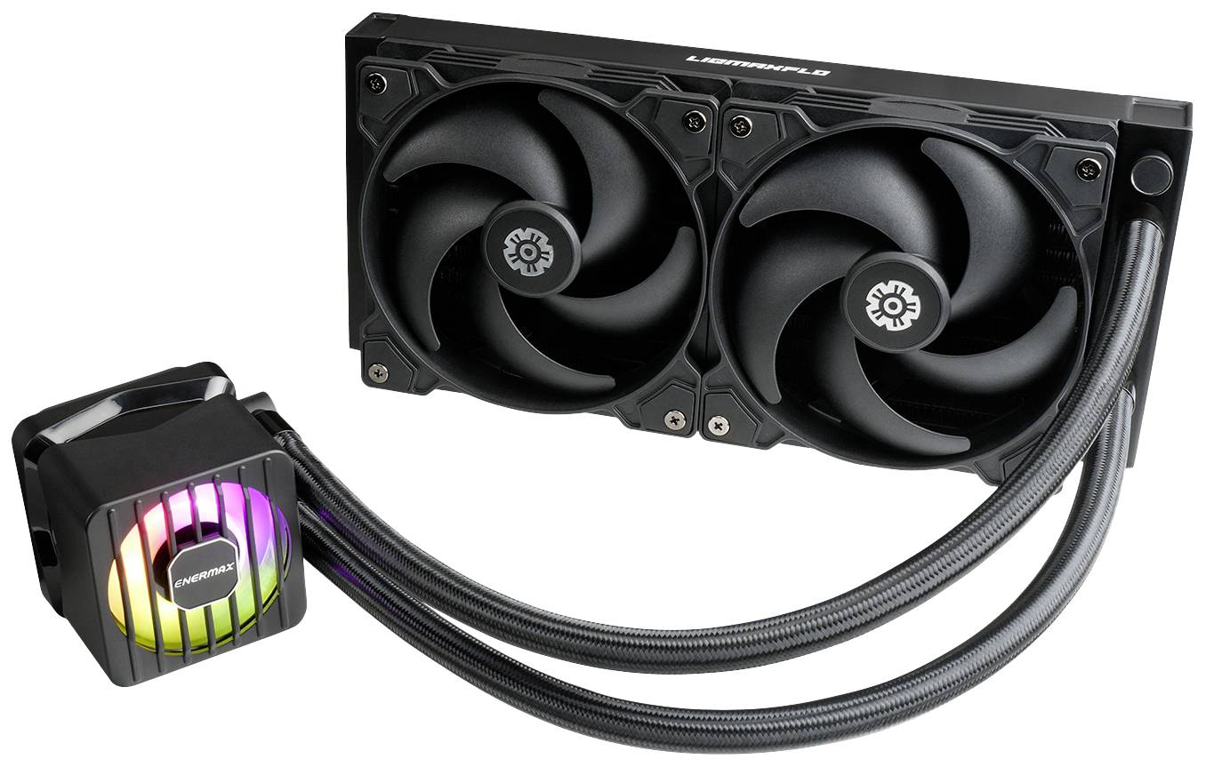 Eine schwarze All-in-One-Wasserkühlung mit zweifachem Ventilator und RGB-Beleuchtung auf dem Pumpenblock, von Marke 'Alpenföhn'.