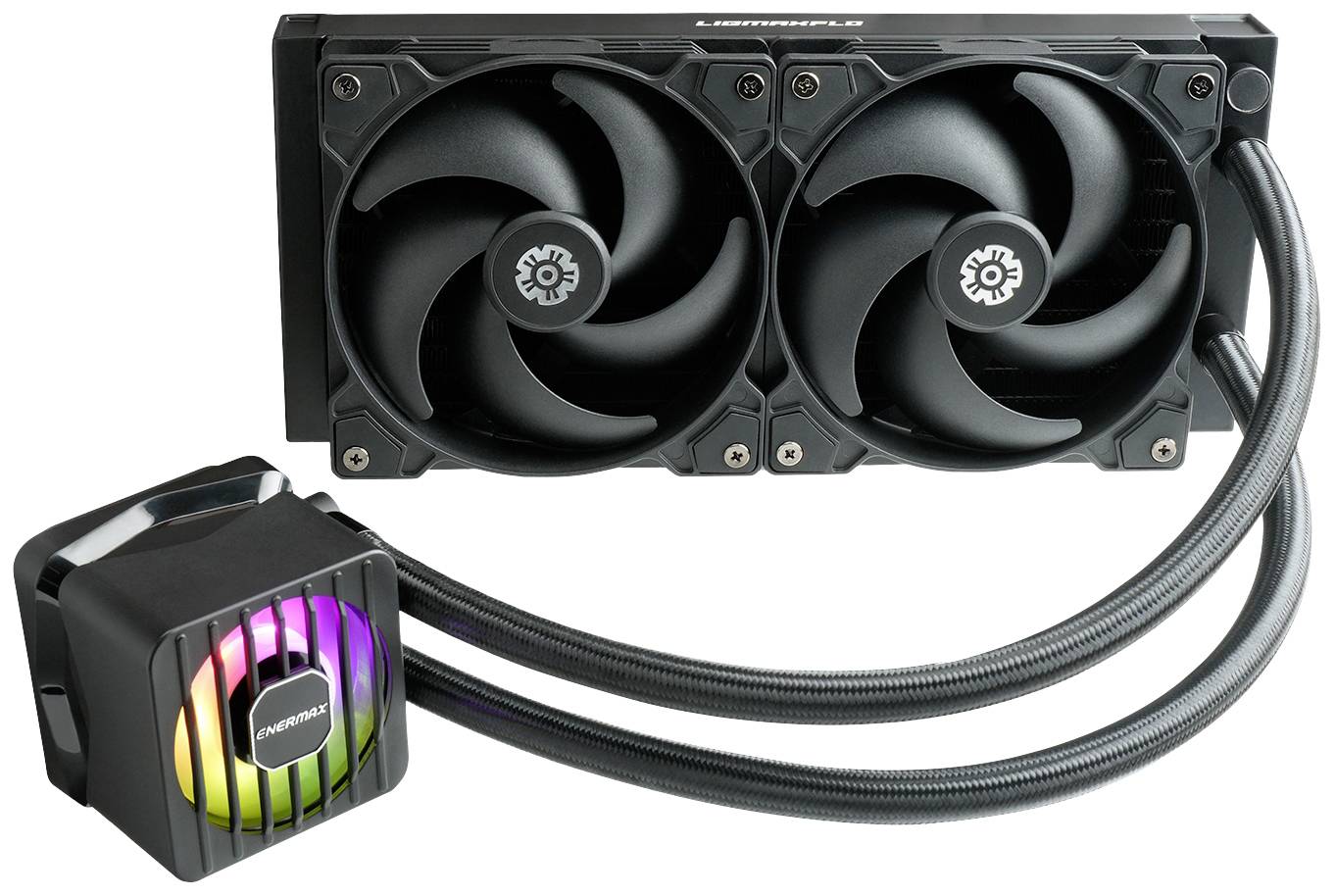 Wasserkühlungssystem mit Doppellüftern und beleuchtetem Pumpengehäuse, geeignet für Computerprozessoren zur effizienten Kühlung.