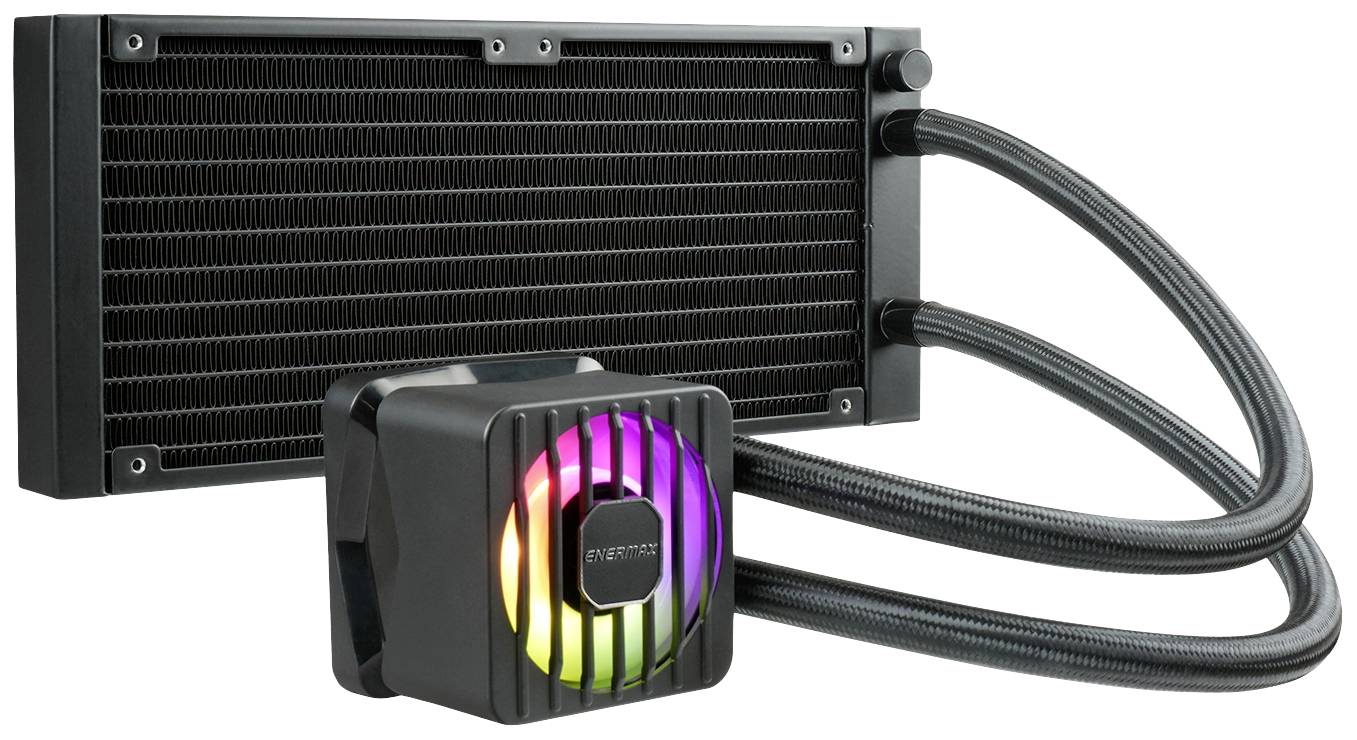 Ein schwarzer Kühlkörper mit Lüfter in Regenbogenfarben montiert, verbunden mit Schläuchen. Einsatz zur Kühlung elektronischer Geräte.