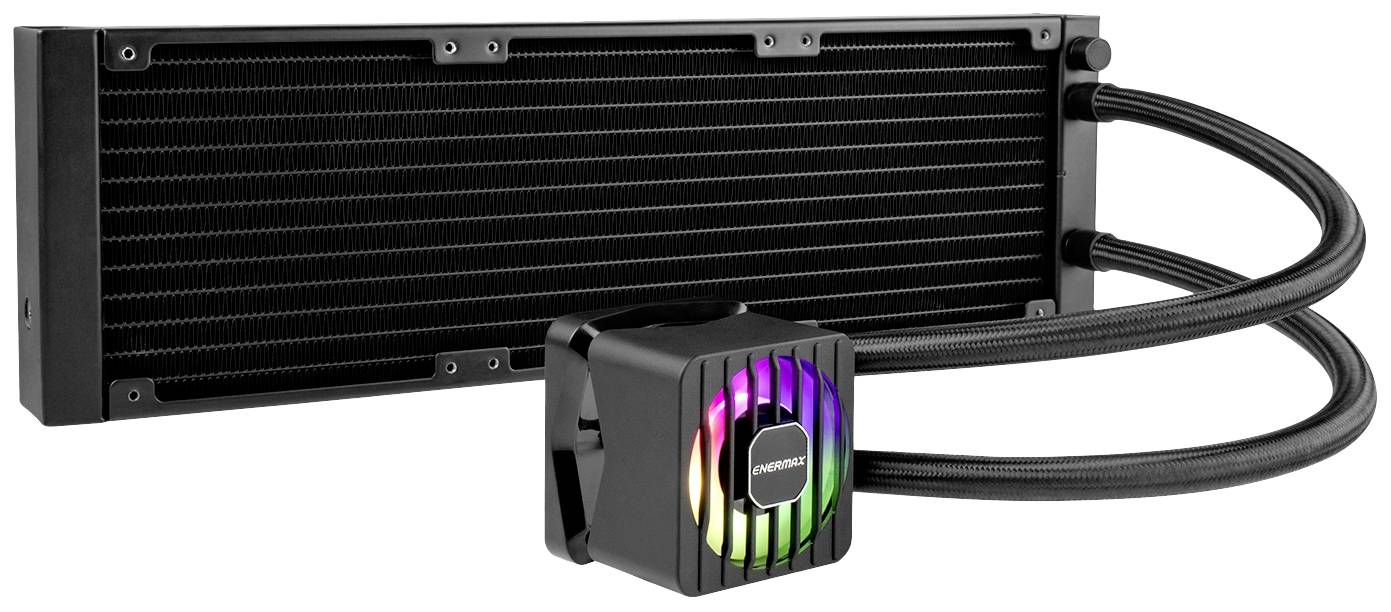 Flüssigkeitskühler mit schwarzem Lüftergehäuse und farbigen LEDs, angeschlossen an einen großen rechteckigen Radiator.