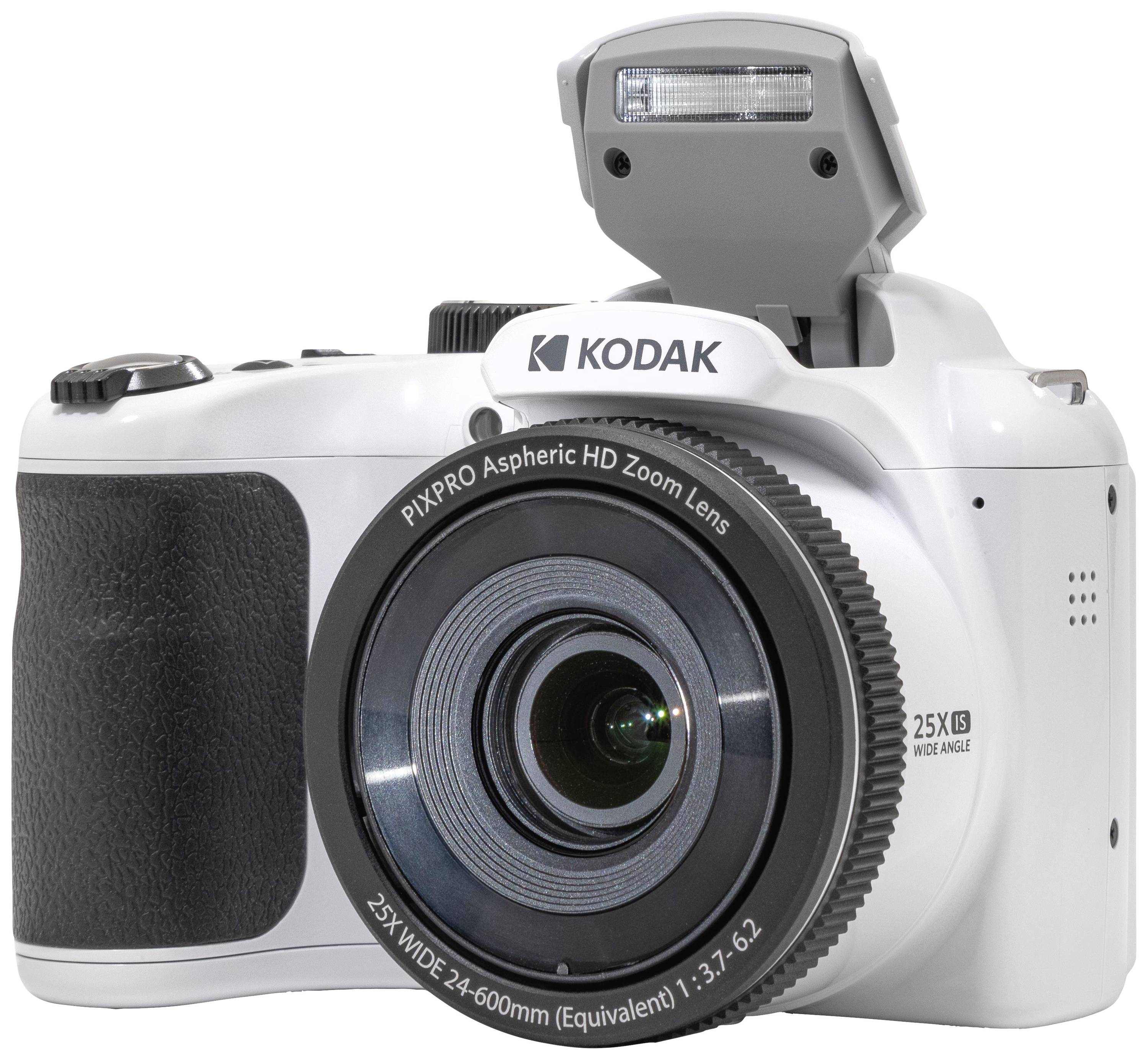 Weiße Digitalkamera mit ausklappbarem Blitz und 25-fachem HD-Zoomobjektiv.