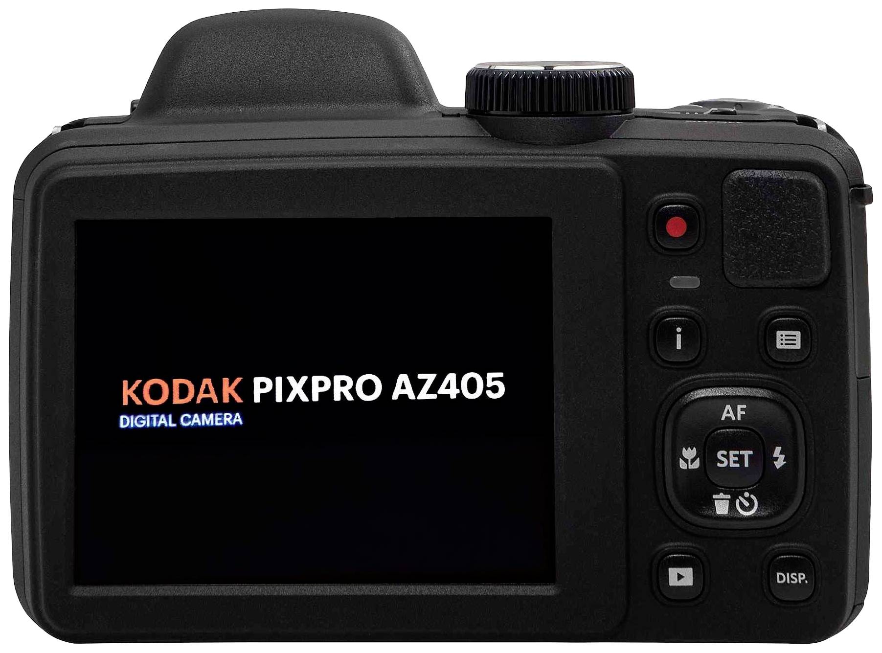 'Kodak PIXPRO AZ405 Digitalkamera' angezeigt auf dem Kamerabildschirm. Nahaufnahme der Rückseite mit Steuerknöpfen.